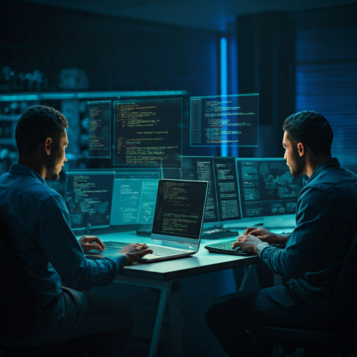 A diverse group of Caribbean university students collaborating in a modern, high-tech computer lab. They are working on sleek laptops showing complex AI code and futuristic dashboards. The environment is professional and career-oriented, featuring cool blue lighting with vibrant purple accents that mirror an AI startup aesthetic. The mood is one of focused mastery and innovation.